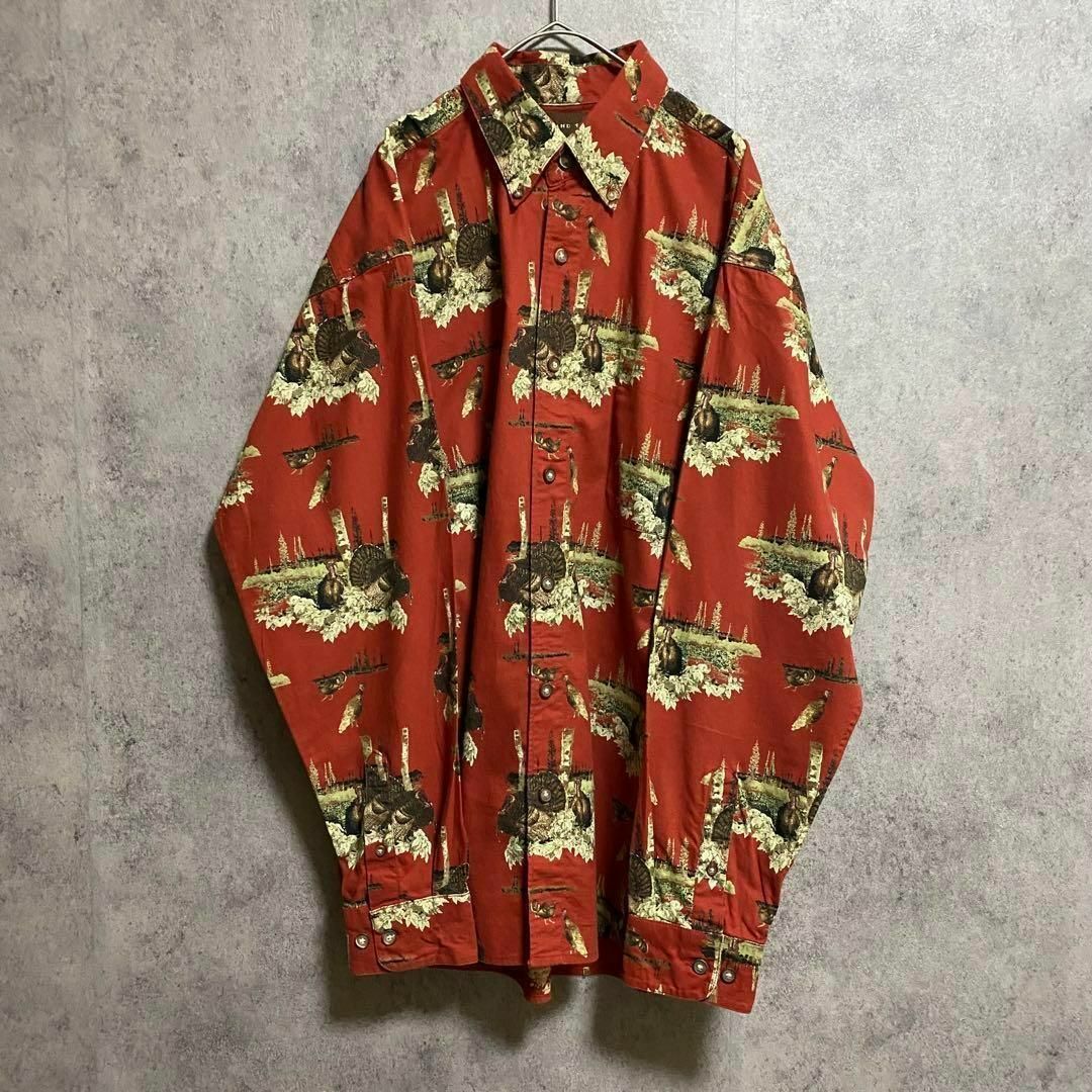 90S vintage 長袖　柄シャツ　綿　メンズL 古着　個性派　奇抜