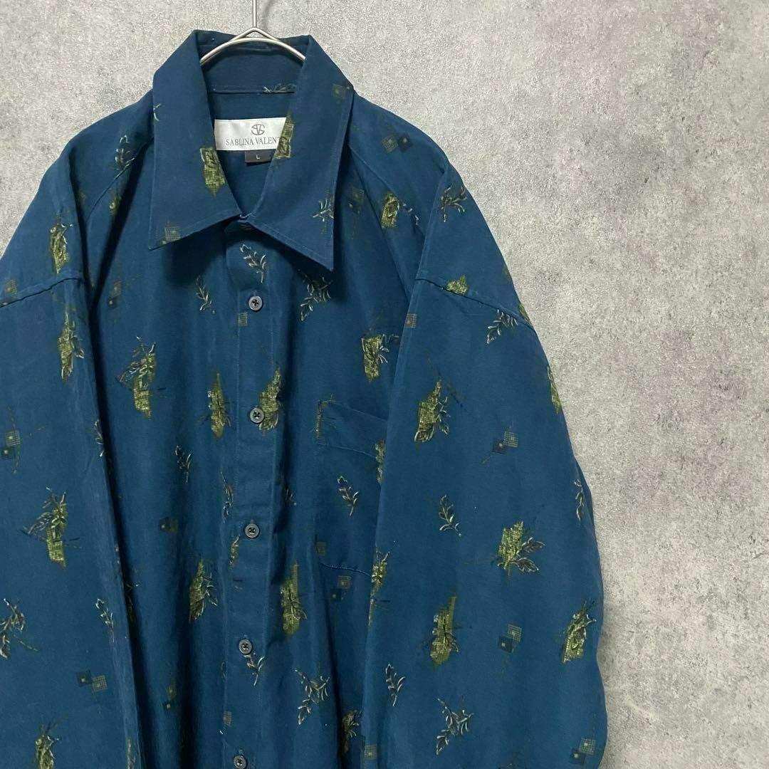 90S vintage 長袖　柄シャツ　メンズL ポリ　　ネイビー　個性派