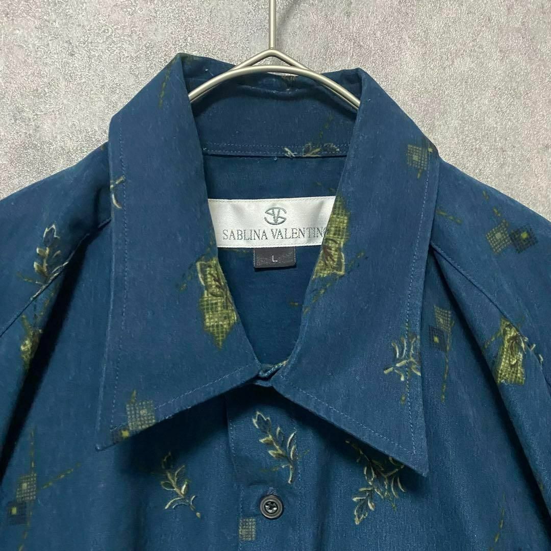 90S vintage 長袖　柄シャツ　メンズL ポリ　　ネイビー　個性派 2