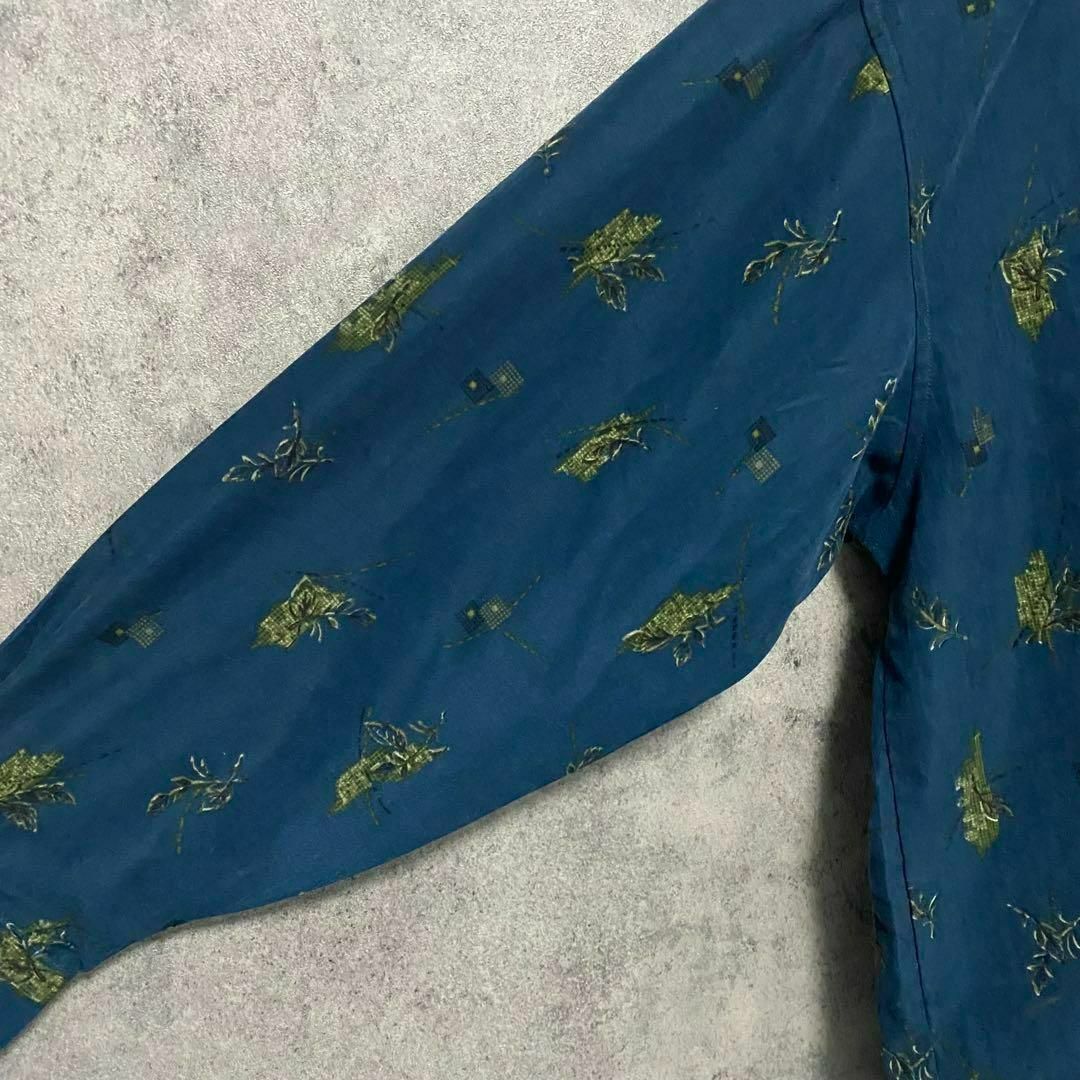 90S vintage 長袖　柄シャツ　メンズL ポリ　　ネイビー　個性派 4