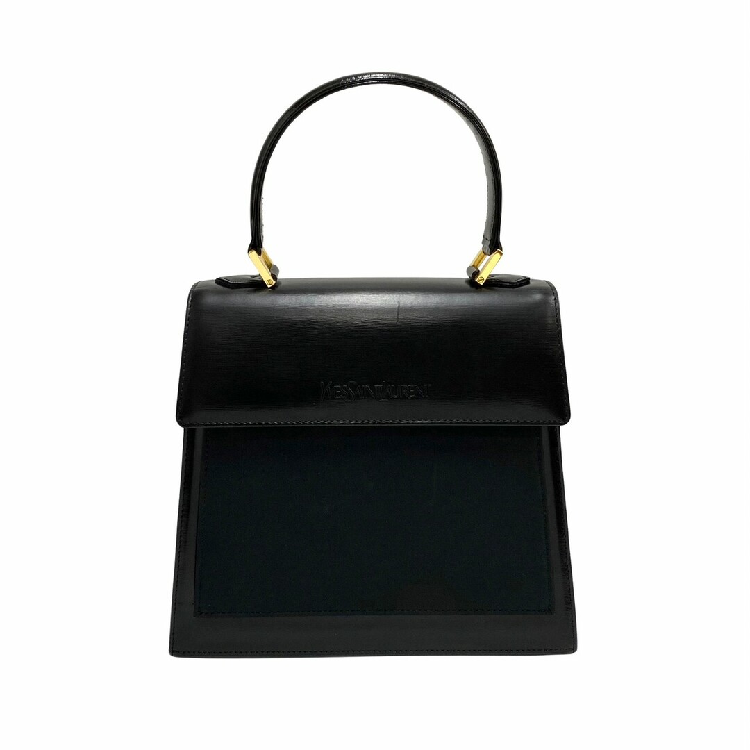 極 美品 保存袋付き YVES SAINT LAURENT イヴサンローラン YSL ロゴ 金具 レザー 本革 ナイロン ハンドバッグ ブラック 黒 65899