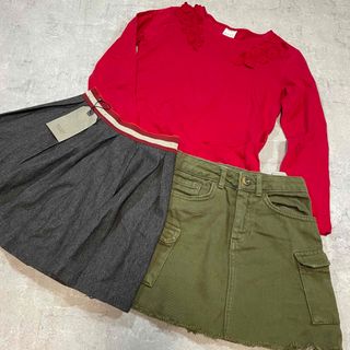 ザラキッズ(ZARA KIDS)のzara kids 130 girls 3点セット　レッド長袖　デニムスカート　(スカート)