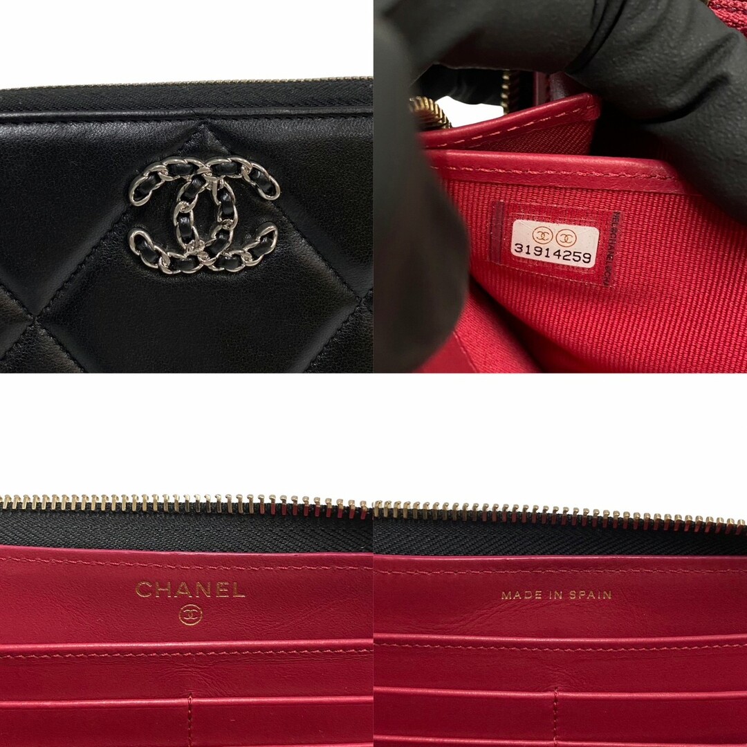 極 美品 シール有 31番台 CHANEL シャネル シャネル19 マトラッセ ラムスキン レザー ラウンドジップ 長財布 ウォレット 黒 5kmd1021-4付属品説明書