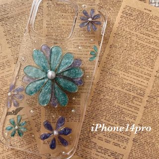 ワイヤーアート＊ブルーフラワー iPhone14pro対応 ハンドメイド(iPhoneケース)