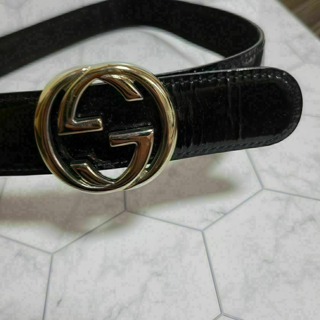 GUCCI シルバー×ブラック エナメル ベルト スーツ パンツ ワンピース