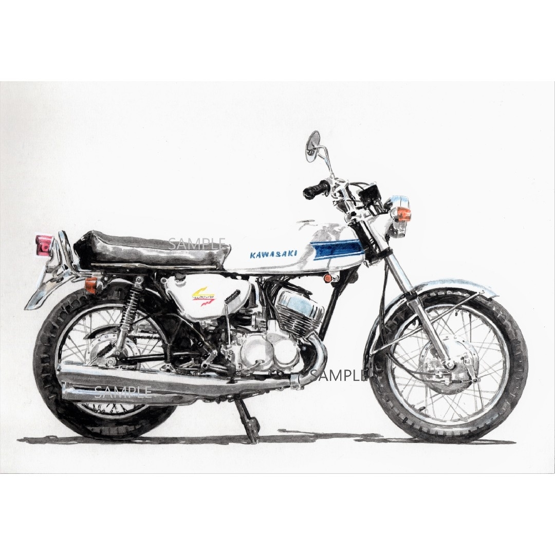 カワサキ(カワサキ)のカワサキ 500SS マッハⅢ カミナリマッパ 水彩画 バイク イラスト 自動車/バイクのバイク(その他)の商品写真