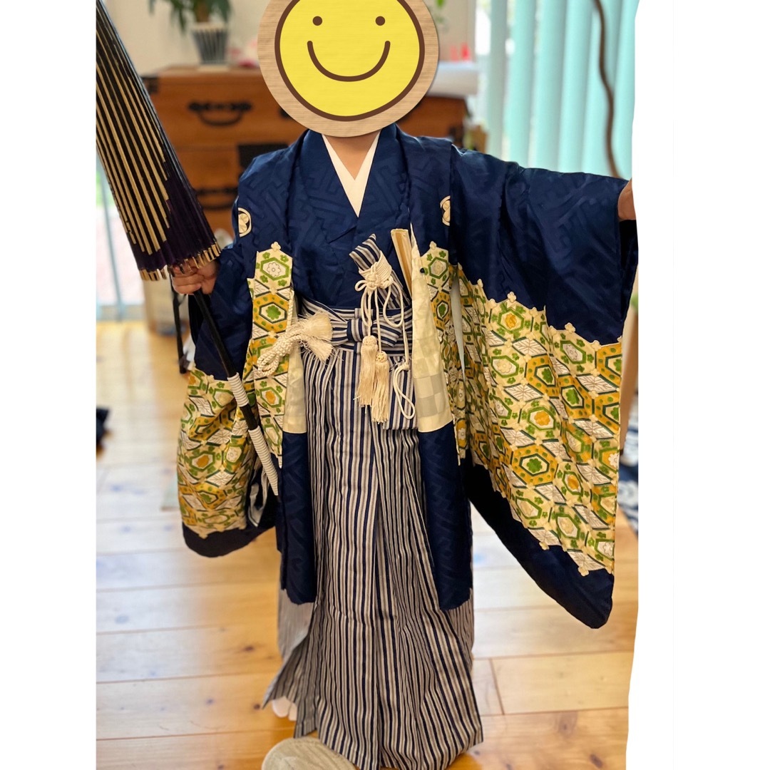 七五三 5歳 袴着物8点セット 亀甲柄 青系-