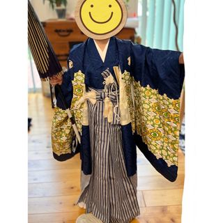 七五三　5歳　袴着物8点セット　亀甲柄　青系(和服/着物)