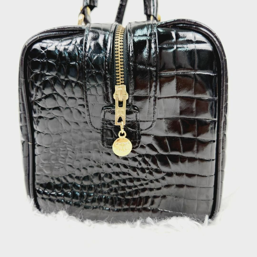 【美品】CELINE ハンドバッグ レザー クロコ型押し 馬車金具 ミニボストン