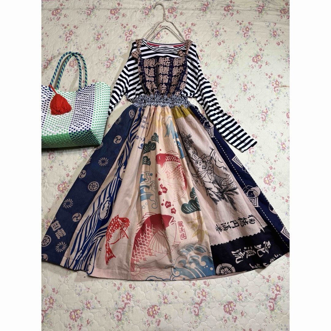 877 ジャンパースカート 鯛 魚 手ぬぐい 手拭い リメイク ハンドメイド