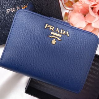 ♡美品♥︎ PRADA 二つ折り サフィアーノ  L字ファスナー ブルー 金ロゴ