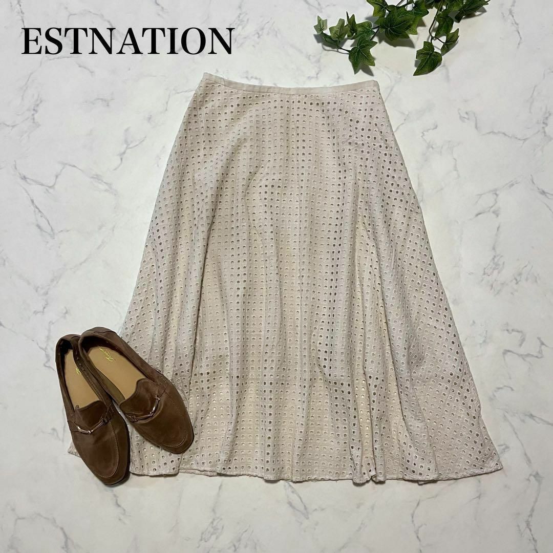 ESTNATION - ESTNATION 総レース デザインスカート 膝下 ホワイト Sの
