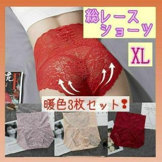 XL 深履き　ハイウエスト 総レースショーツ　暖色 3色セット 　ストレッチ(ショーツ)