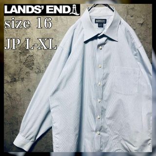 ランズエンド(LANDS’END)の【LANDS'END】L-XL ストライプ ドレスシャツ ブルー US古着(シャツ)