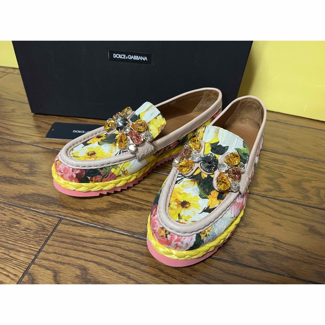 美品DOLCE&GABBANA 花柄靴36½ 23.5cm 革ローファーパンプス-