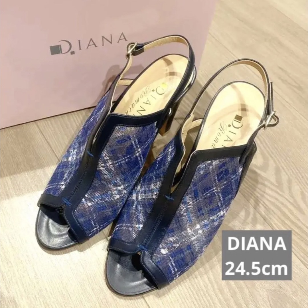 【美品】DIANA 24.5cm ブルーレースチェック柄　レース　ヒール　靴