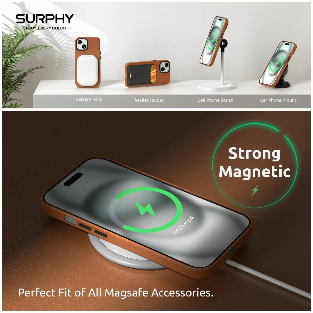 【色: ブラウン】SURPHY iPhone15用ケース レザー,MagSafe 5