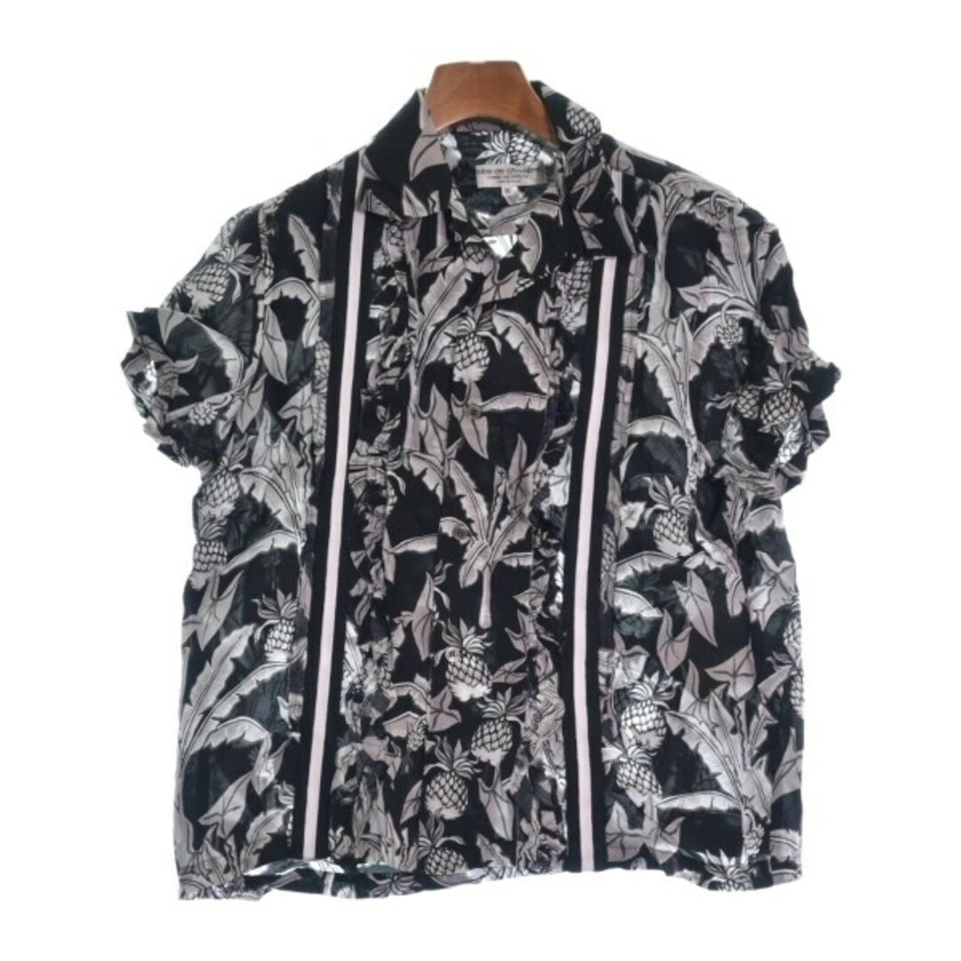 なし伸縮性robe de chambre カジュアルシャツ M 黒xグレー(総柄)