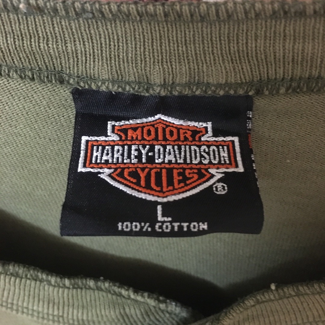 Harley Davidson(ハーレーダビッドソン)の【USA製】ハーレーダビッドソン☆両面プリント　デカロゴ　ロンT カーキ メンズのトップス(Tシャツ/カットソー(七分/長袖))の商品写真