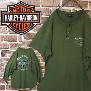 ハーレーダビッドソン(Harley Davidson)の【USA製】ハーレーダビッドソン☆両面プリント　デカロゴ　ロンT カーキ(Tシャツ/カットソー(七分/長袖))