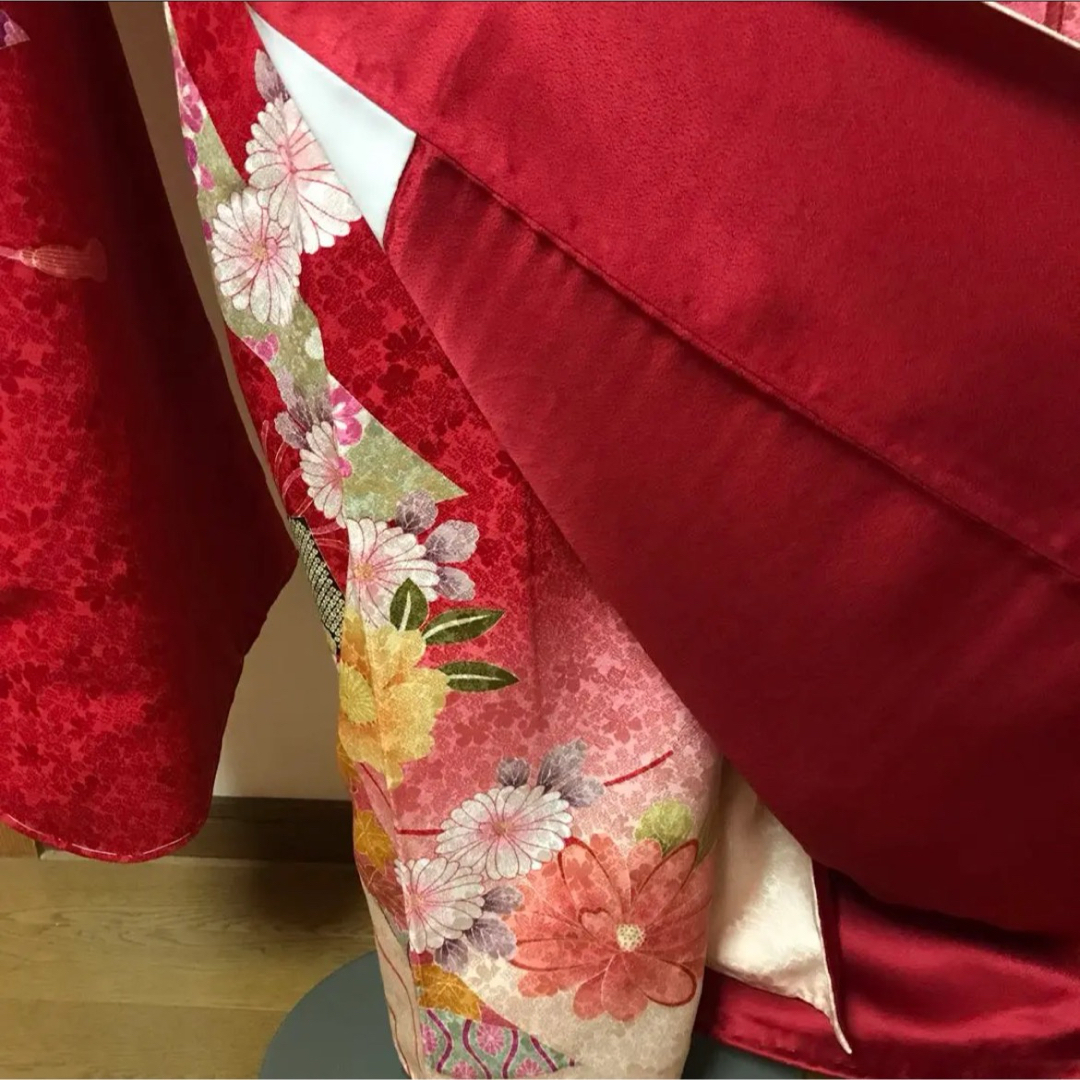 [大特価！！！] 振袖　正絹振袖　紅赤色　菊　桜