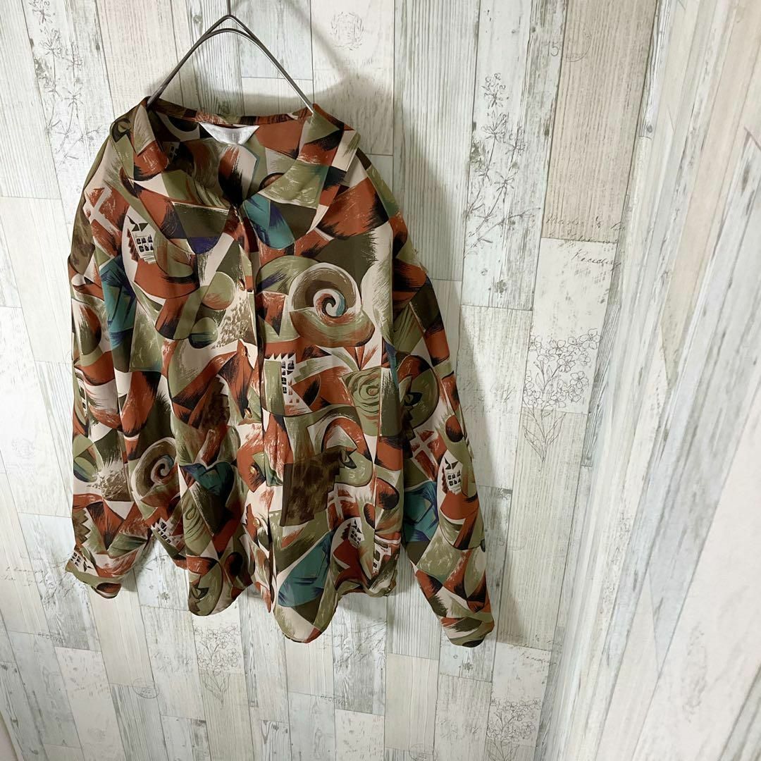 vintage✨ レトロ 長袖 プリーツ シアー シャツ 派手柄 総柄