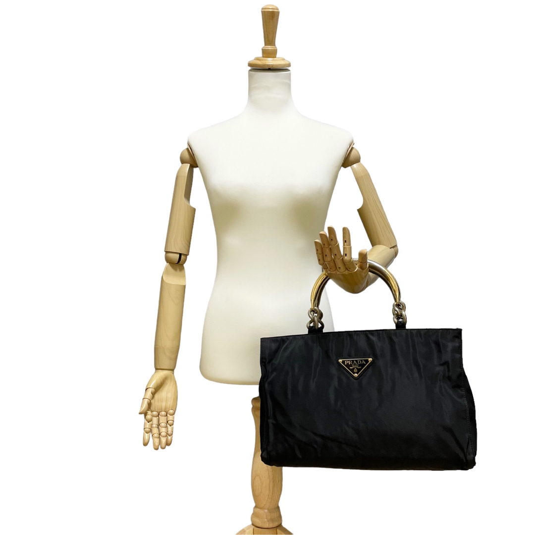 ✨美品 PRADA プラダ ハンドバッグ メタルハンドル ナイロン レザー 黒-