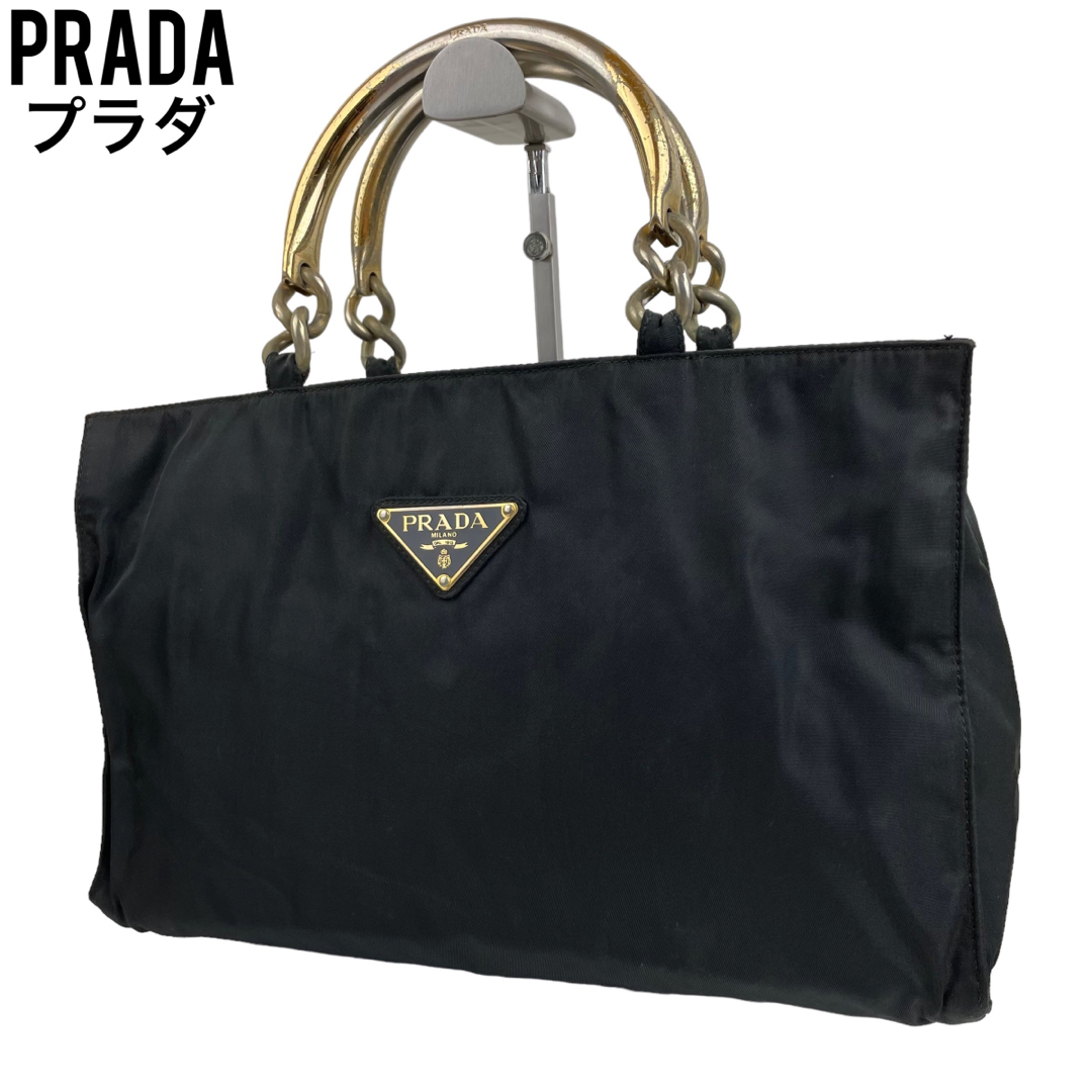 ✨良品 PRADA プラダ ハンドバッグ メタルハンドル ナイロン レザー-