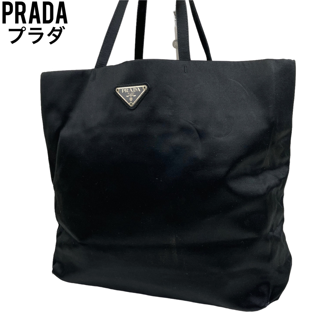 美品 ４✨良品✨　PRADA プラダ　ハンドバッグ　サテン　黒　三角ロゴ　通勤　ブラック