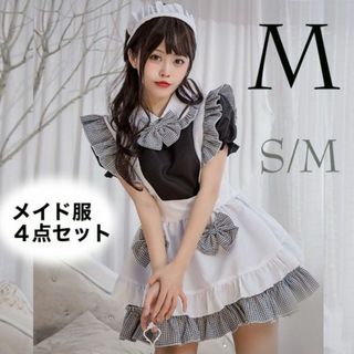 メイド服 M レディース コスプレ 仮装 チェック エプロン リボン ハロウィン(衣装一式)