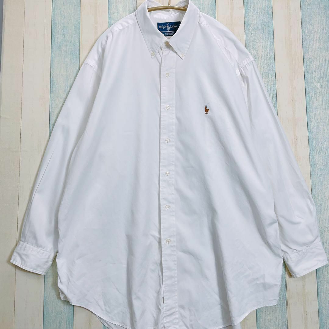 ラルフローレン　カラー刺繍ポニー　人気の白プレーンホワイト　メンズ長袖シャツ古着