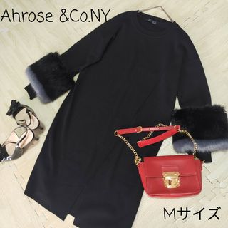 【Aprose &Co.NY】袖口ファー　ニットワンピース　Mサイズ　膝下丈(ひざ丈ワンピース)