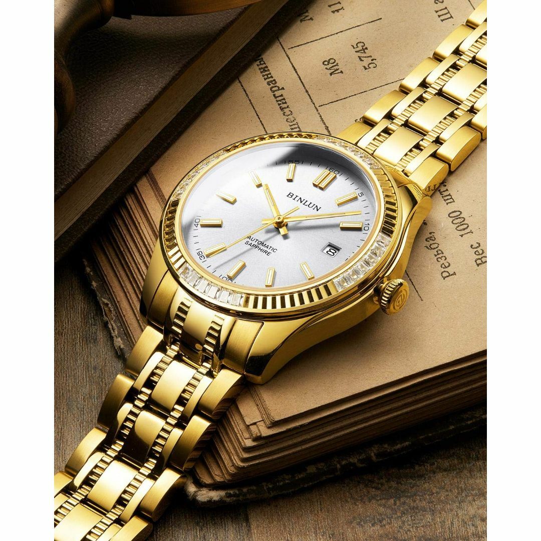 【色: 白色文字盤-G】BINLUN 腕時計 メンズ ゴールド 機械式 自動巻き 3