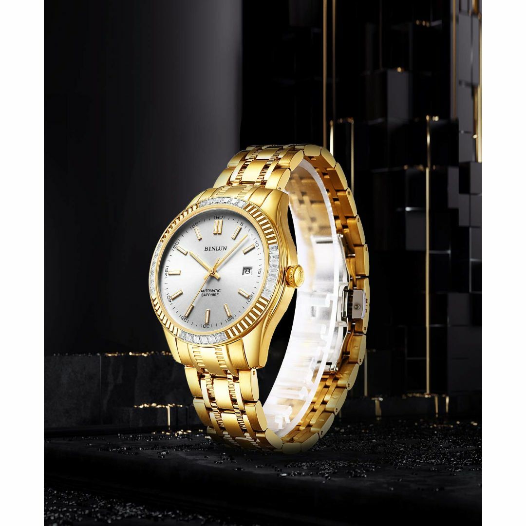 【色: 白色文字盤-G】BINLUN 腕時計 メンズ ゴールド 機械式 自動巻き 4