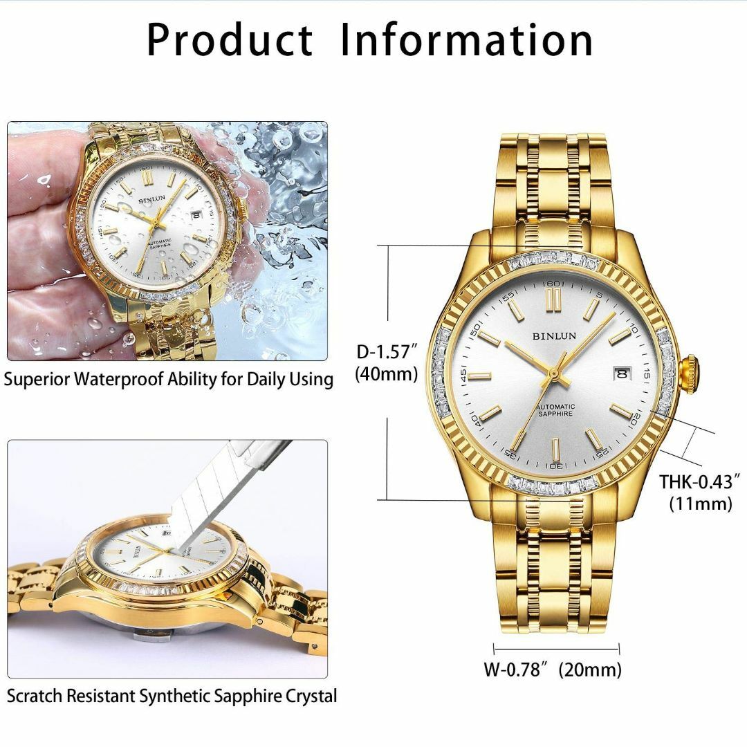 【色: 白色文字盤-G】BINLUN 腕時計 メンズ ゴールド 機械式 自動巻き 5