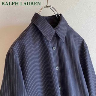 ラルフローレン(Ralph Lauren)のポロジーンズ ラルフローレン 金ロゴプレート ストライプ シャツ S ネイビー(シャツ/ブラウス(長袖/七分))