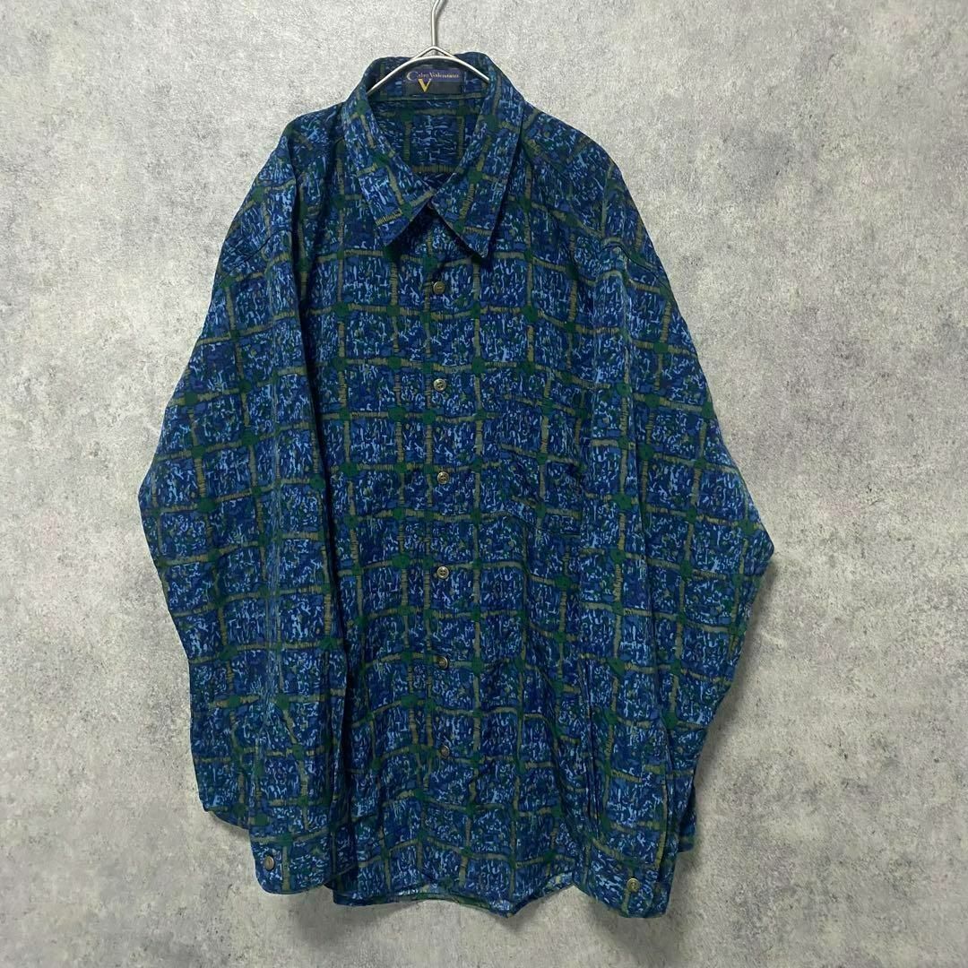 90s vintage 長袖 柄シャツ メンズL ポリ 古着 個性派 奇抜 B2