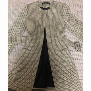 ザラ(ZARA)のZARA ノーカラーコート　チェック　S(ノーカラージャケット)