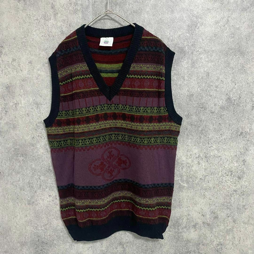 90s vintage 柄ニットベスト メンズ3L アクリル 個性派