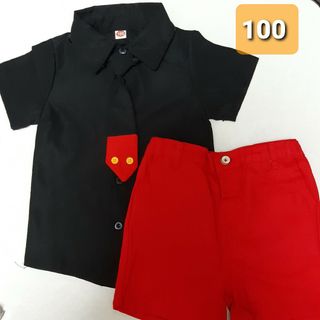 キッズ 子供服 ハロウィン　黒シャツ 半袖 ネクタイショーツセット　サイズ100(その他)