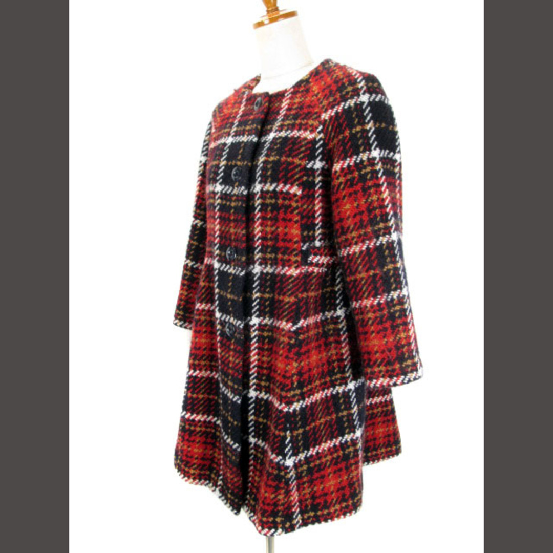 クチュールブローチ コート ノーカラー チェック ウール 38 赤 黒 レディースのジャケット/アウター(その他)の商品写真