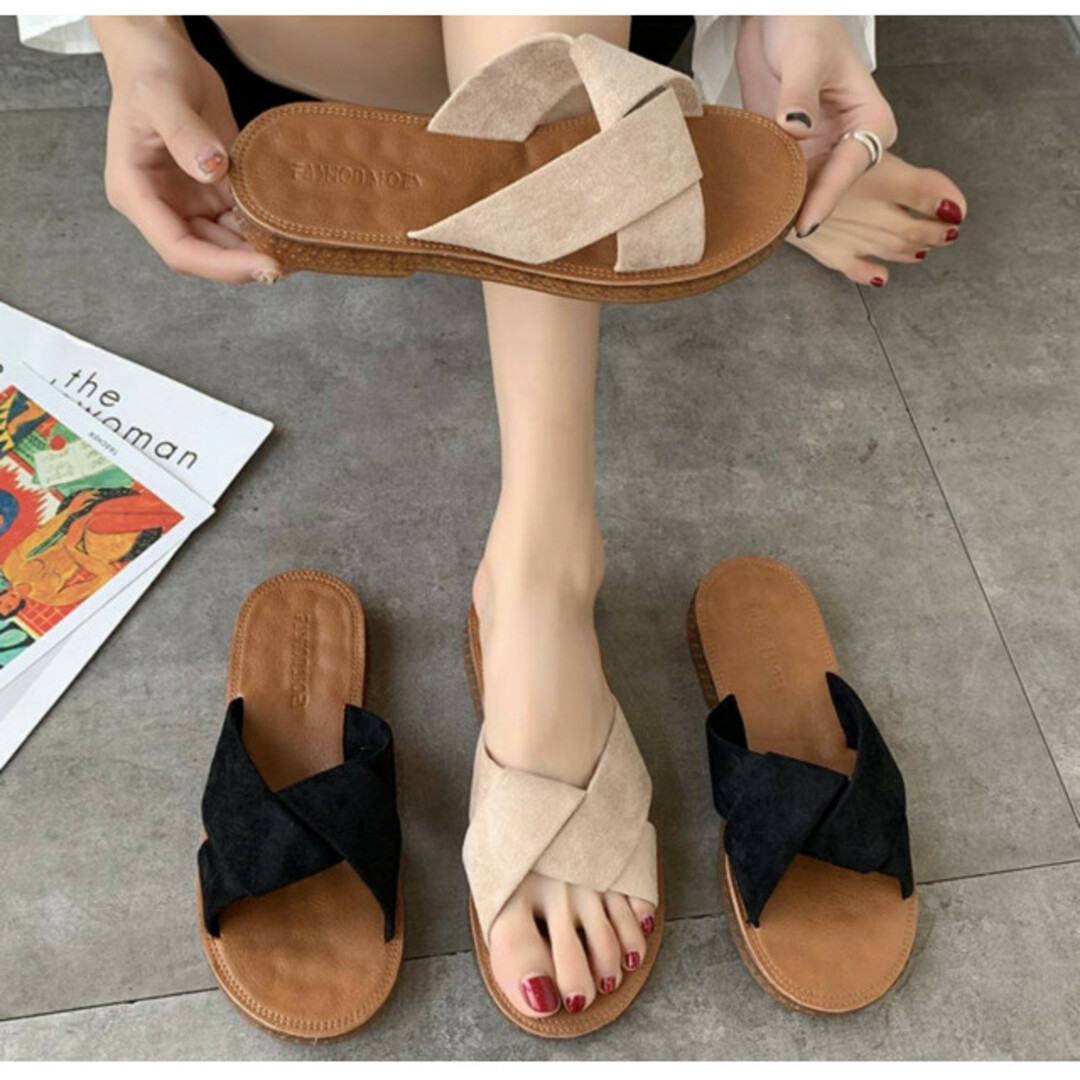 サンダル カジュアル ぺたんこ 韓国 スクエア 24 24.5 ベージュ レディースの靴/シューズ(サンダル)の商品写真