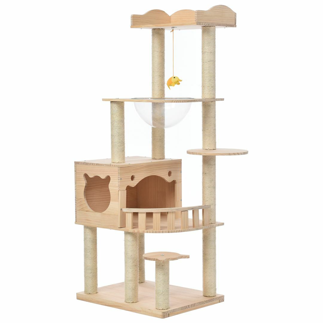 キャットタワー 木製 天然木 据え置き 宇宙船付き 猫タワー 展望台 隠れ家