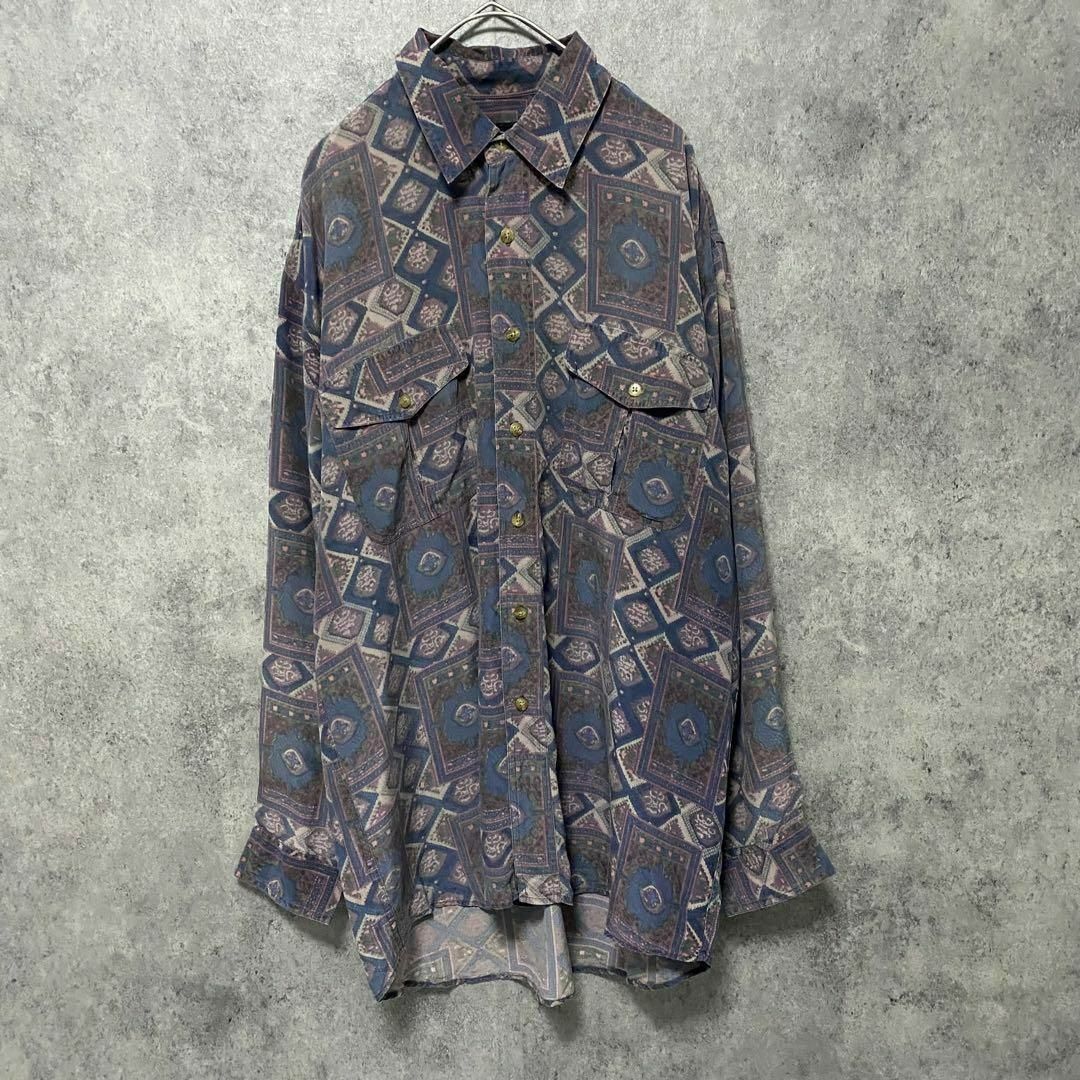 90s vintage 長袖 柄シャツ シルク メンズL 個性派 B2
