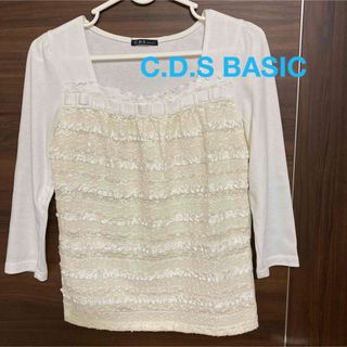 シーディーエスベーシック(C.D.S BASIC)のC.D.S BASIC カットソー　白色　Mサイズ　レース仕様(カットソー(長袖/七分))