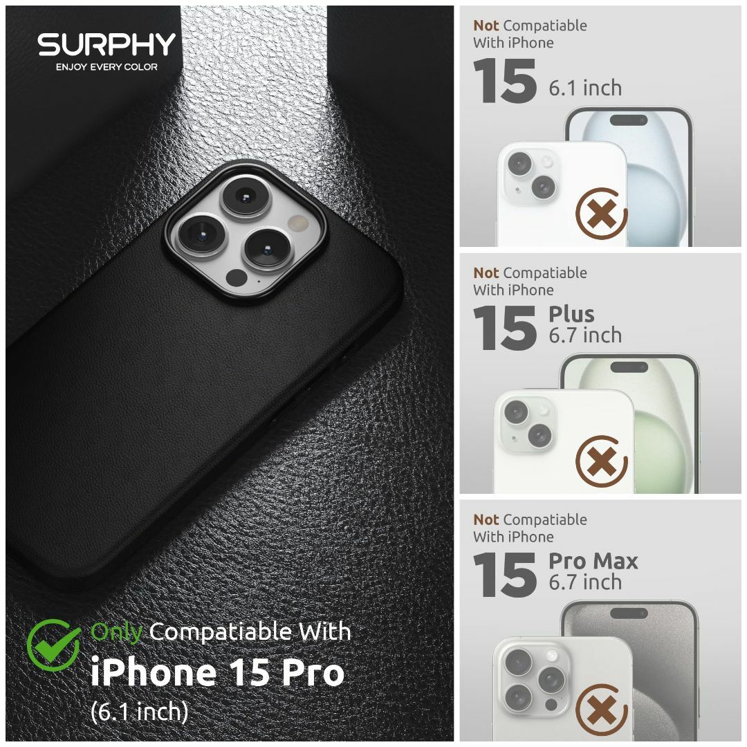 【色:ブラック】SURPHY iPhone15 pro用ケース レザー,MagS 1