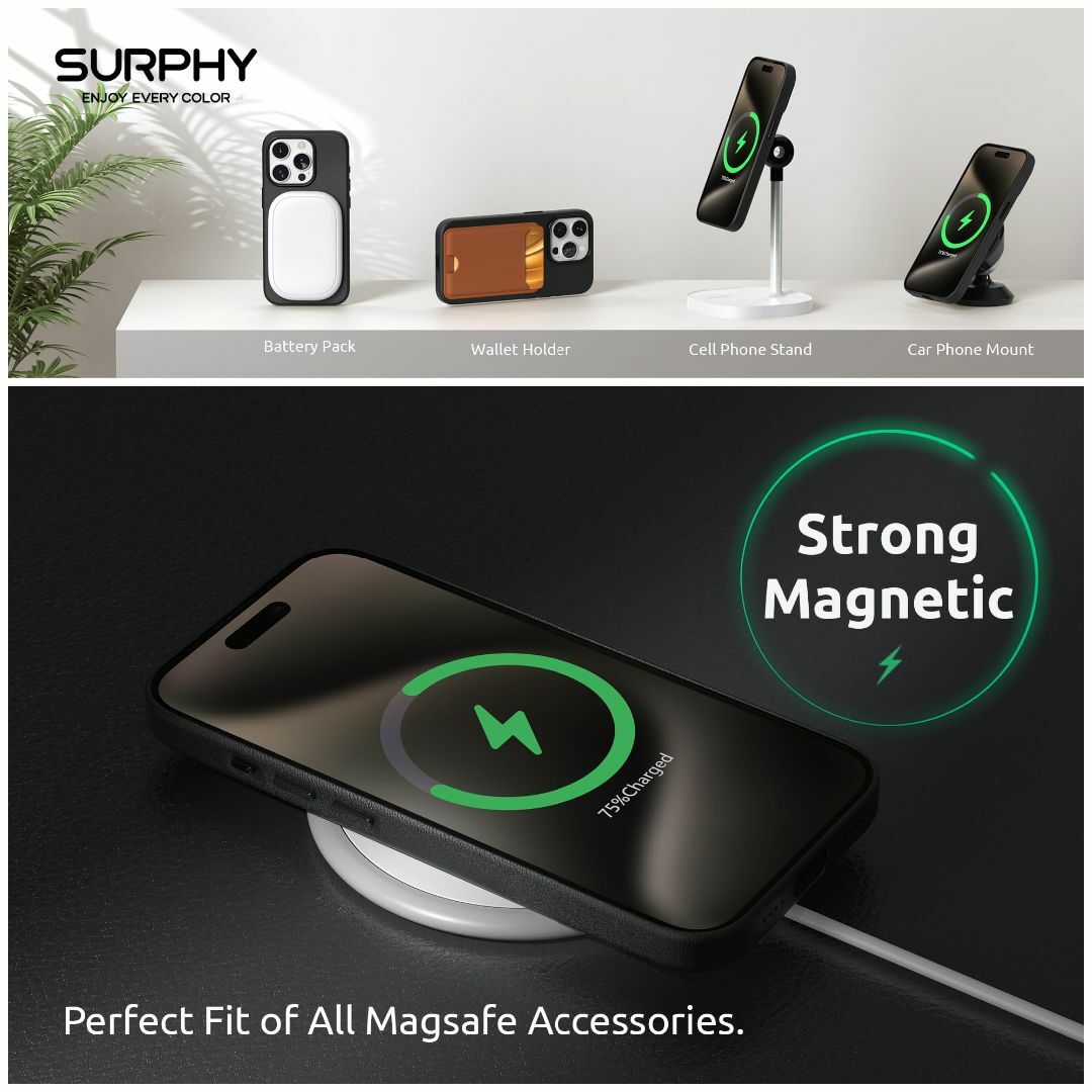 【色:ブラック】SURPHY iPhone15 pro用ケース レザー,MagS 2