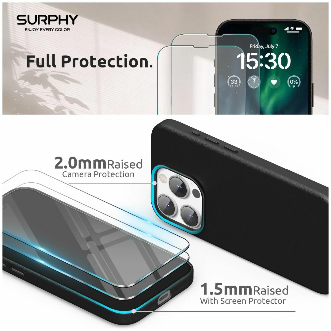 【色:ブラック】SURPHY iPhone15 pro用ケース レザー,MagS 3