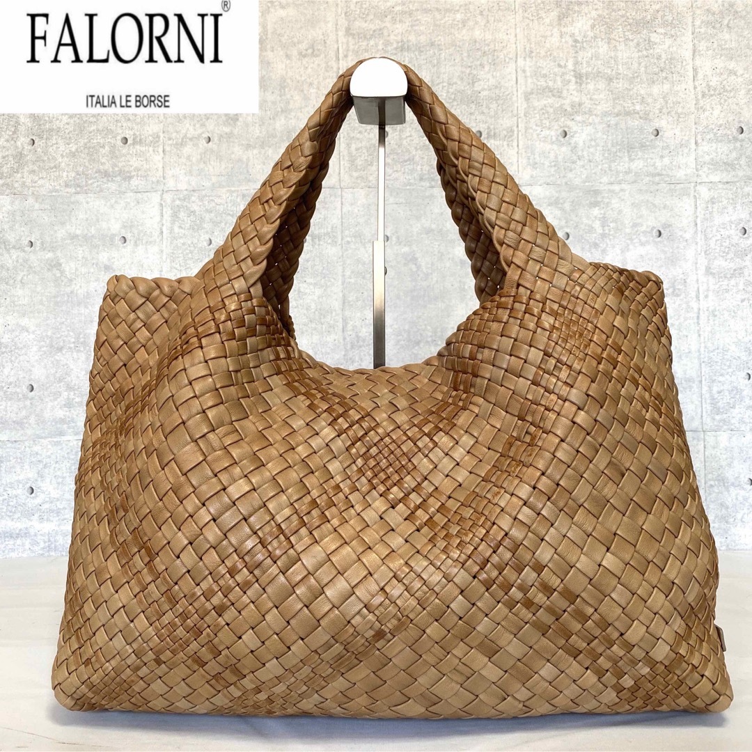 【美品】FALORNI イントレチャート ライトブラウン レザー トートバッグ