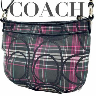 美品 coach コーチ チェック シグネチャー オプアート 黒 ピンク www